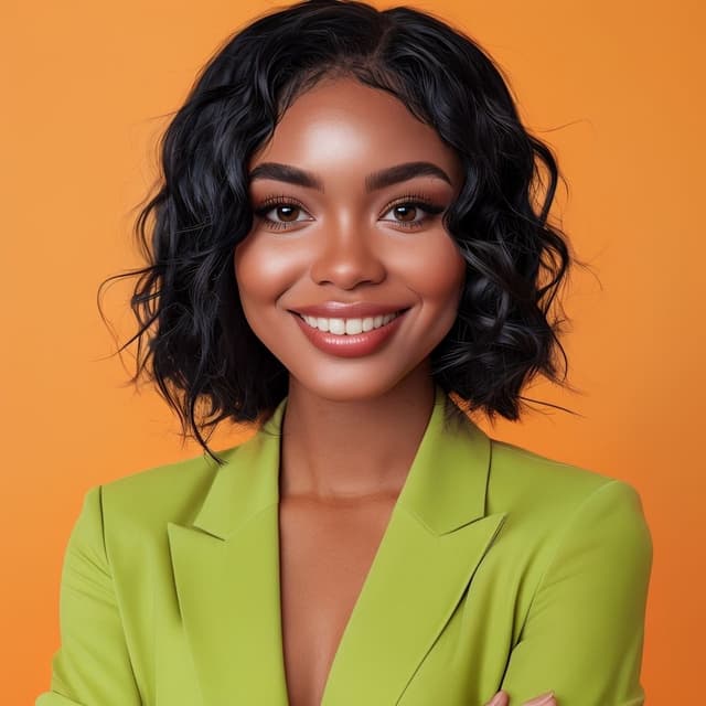 Female Team member with orange blue background