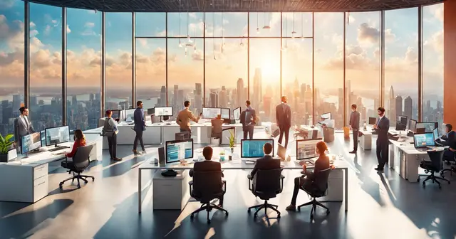 a group of people are working in an office with a view of the city