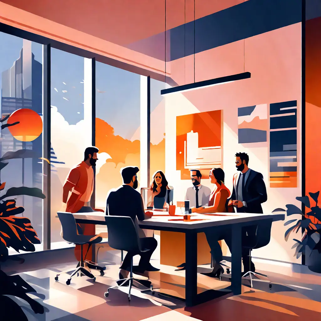 simple abstract illustration of  Team collaborating on a project in a modern office space, warm colours