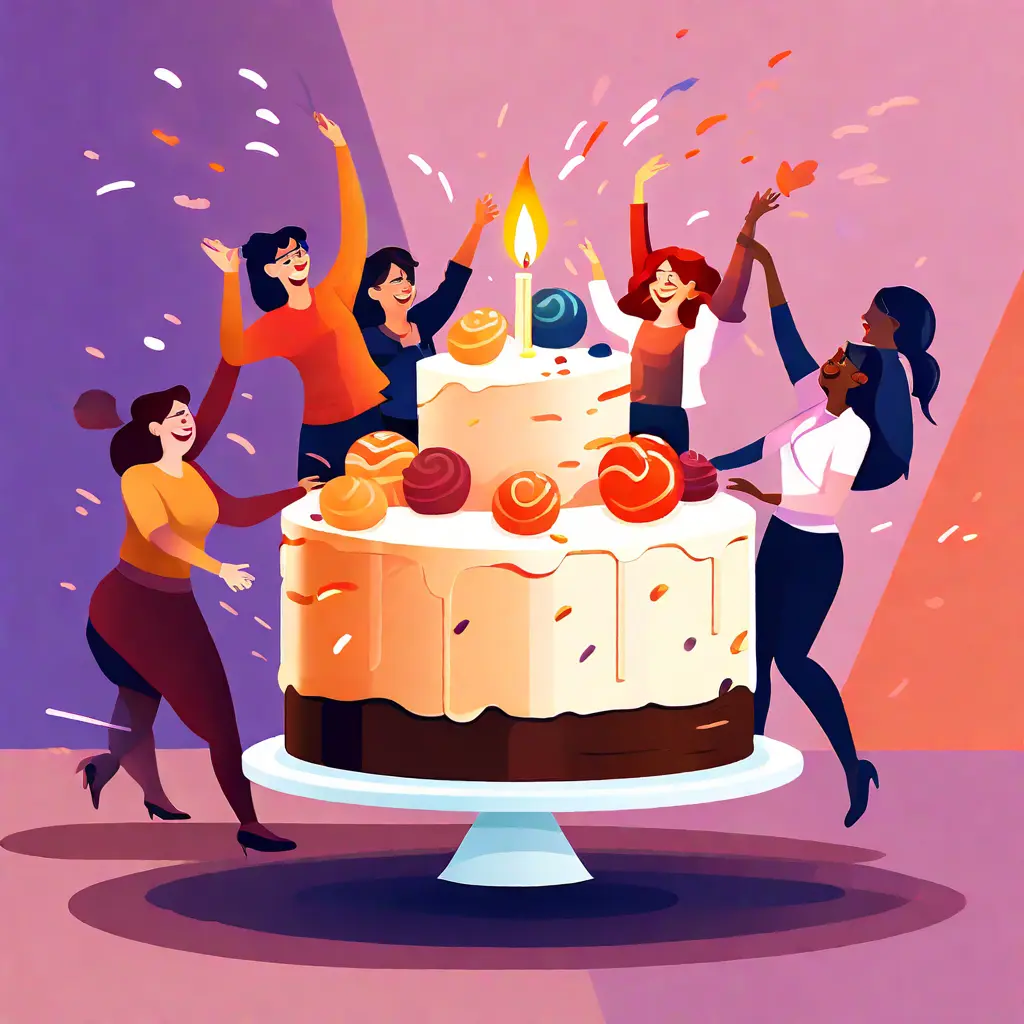 simple abstract illustration of  Team celebrating a project milestone with a cake, warm colours